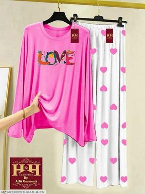 2 Pcs Women's Stitched Printed Night Suit