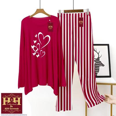 2 Pcs Women's Stitched Printed Night Suit