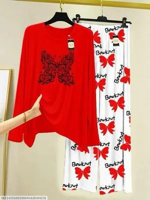 2 Pcs Women's Stitched Jersey Printed Night Suit