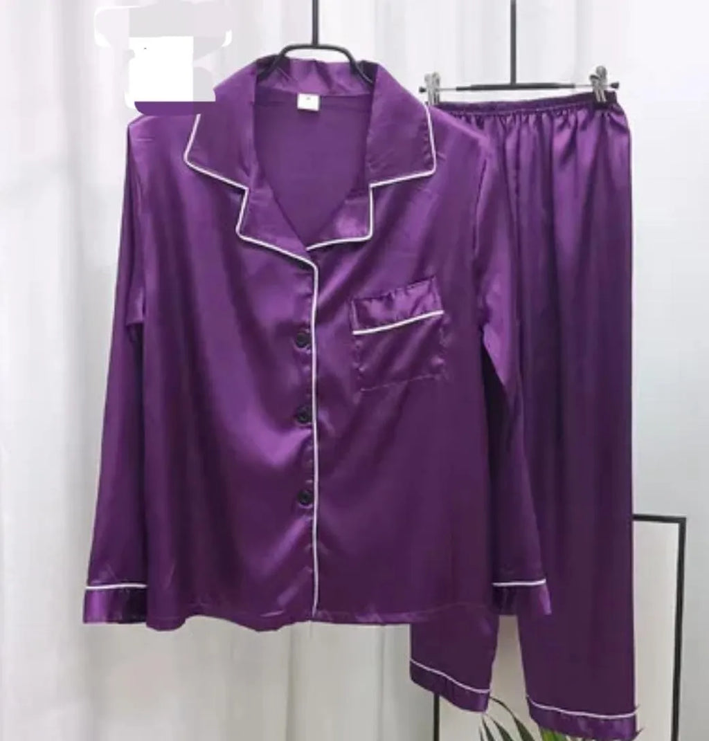 Comfortable 2 Pcs Women's Stitched Silk Night Suit with Round Neck