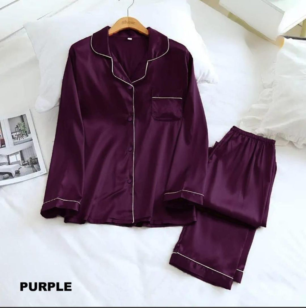 Comfortable 2 Pcs Women's Stitched Silk Night Suit with Round Neck