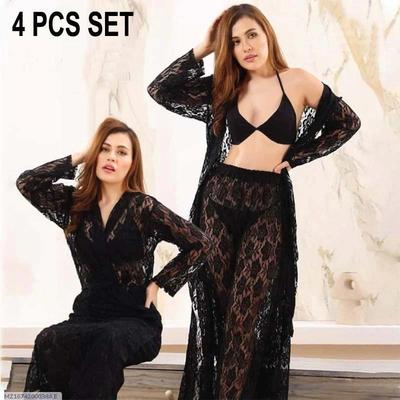 Luxurious Black Net Embossed Nightwear Set - 1 Pcs Comfortable and Lightweight