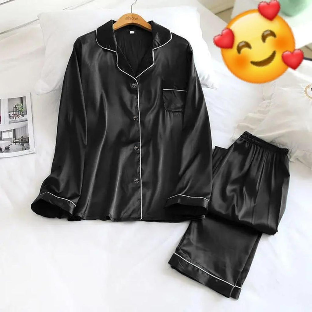 Comfortable 2 Pcs Women's Stitched Silk Night Suit with Round Neck