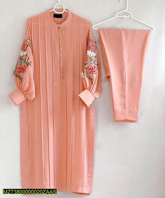 2 Pcs Women's Stitched Linen Embroidered Suit