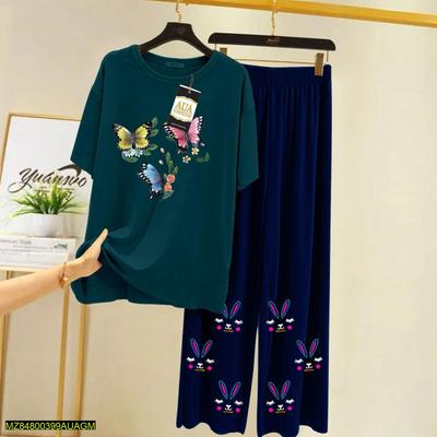 2 Pcs Women's Stitched Jersey Printed Sleepwear