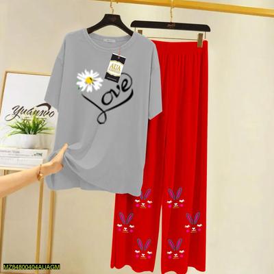 2 Pcs Women's Stitched Jersey Printed Sleepwear
