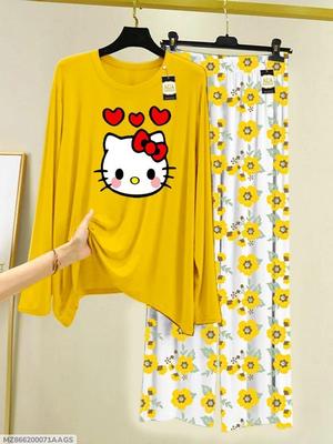 Comfortable Printed Cotton Jersey Night Suit - 2 Pcs Set