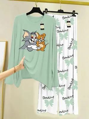 2 Pcs Women's Stitched Jersey Printed Night Suit